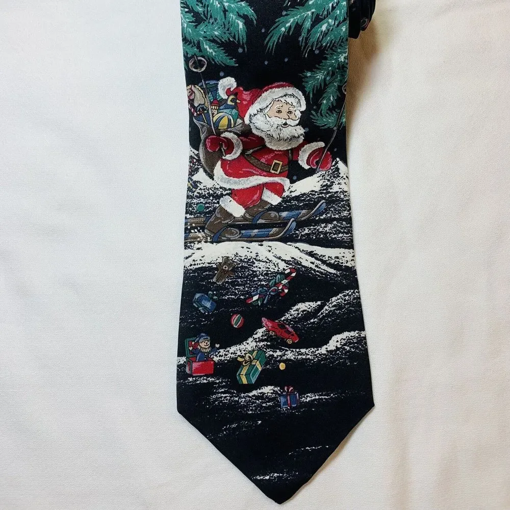 Louis Feraud Christmas Silk Necktie Tie Santa Claus Skis Skiing Outdoorsy Office